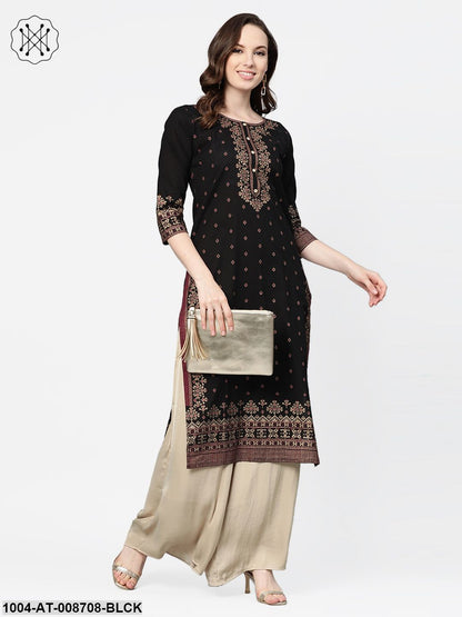 Black & gold Geometric Printed Kurta with Round neck & 3/4 sleeves