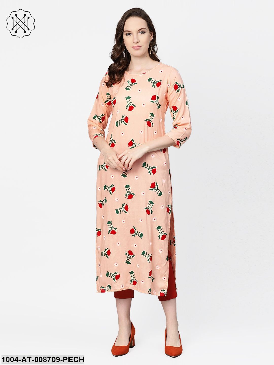 Peach Multi coloured Floral printed Straight Kurta with Round neck & 3/4 sleeves