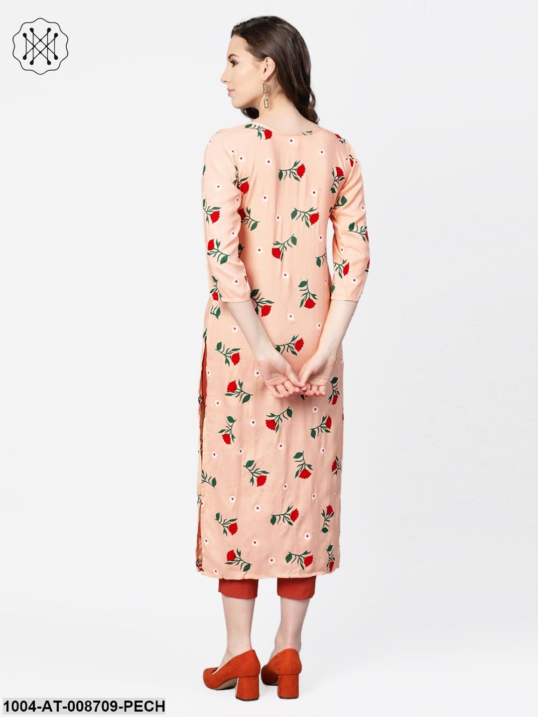 Peach Multi coloured Floral printed Straight Kurta with Round neck & 3/4 sleeves