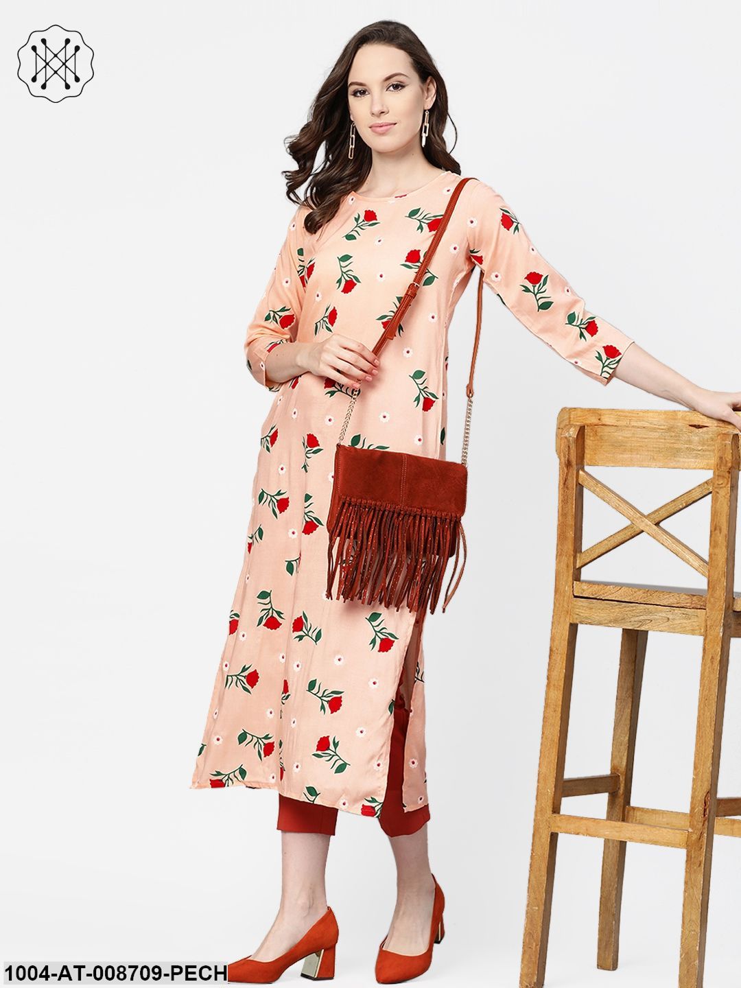 Peach Multi coloured Floral printed Straight Kurta with Round neck & 3/4 sleeves