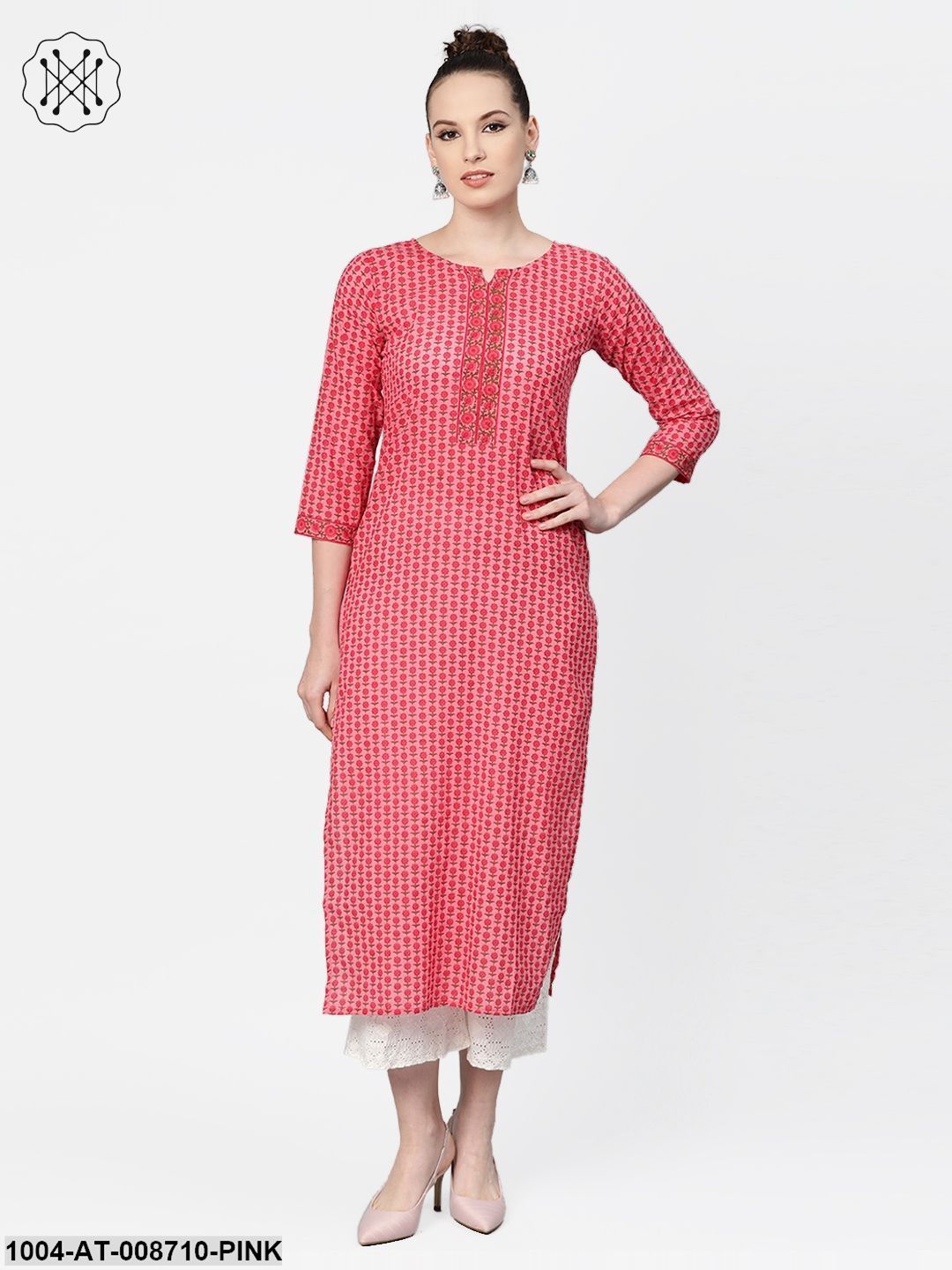 Pink Floral printed Straight Kurta with Round With V & 3/4 sleeves
