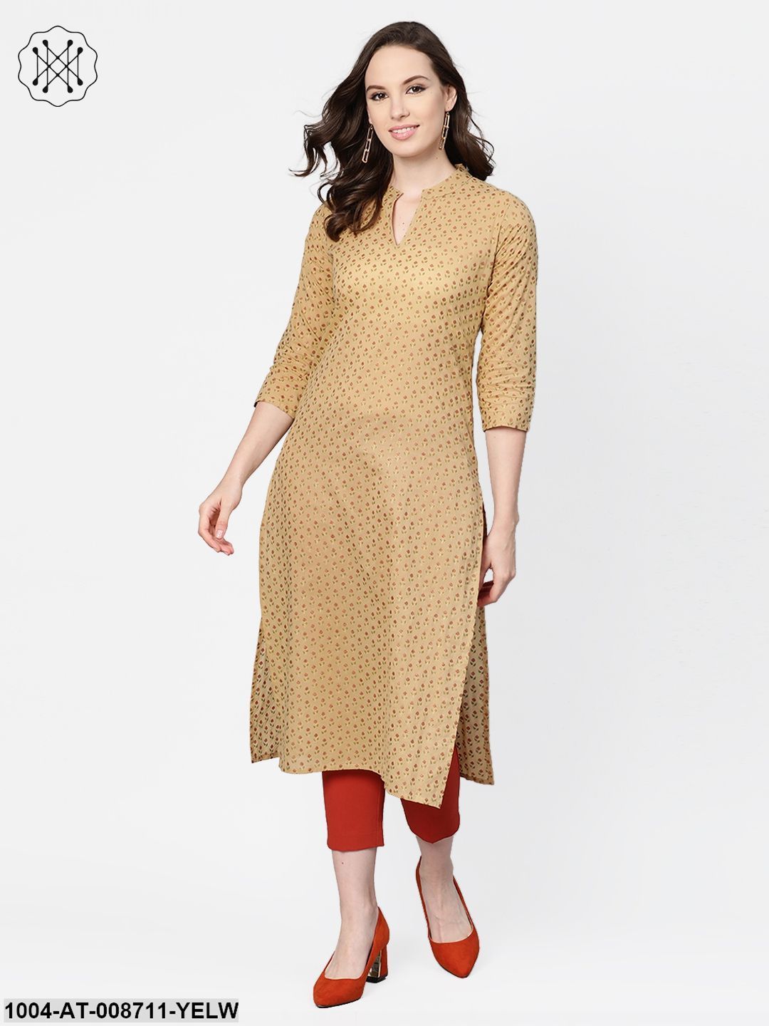 Yellow Printed Straight Kurta with Mandarin Collar with 3/4 sleeves