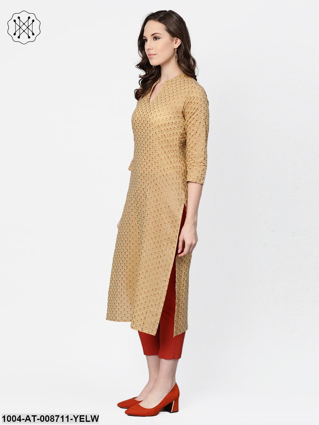 Yellow Printed Straight Kurta with Mandarin Collar with 3/4 sleeves