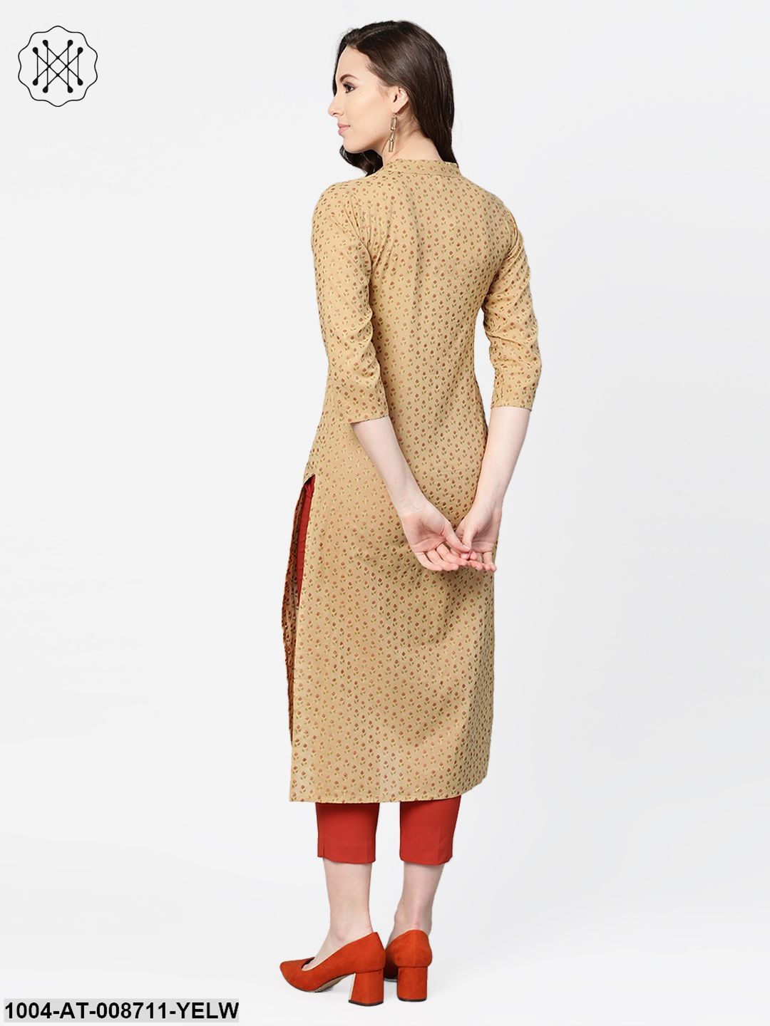 Yellow Printed Straight Kurta with Mandarin Collar with 3/4 sleeves
