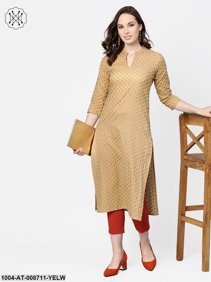 Yellow Printed Straight Kurta with Mandarin Collar with 3/4 sleeves