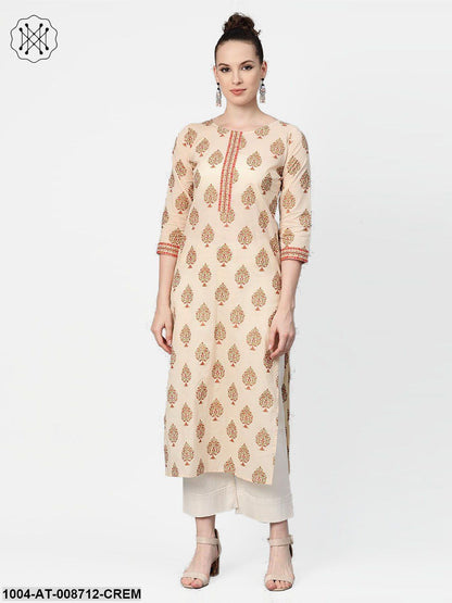 Cream Gold Printed Straight Kurta with Round neck & 3/4 sleeves
