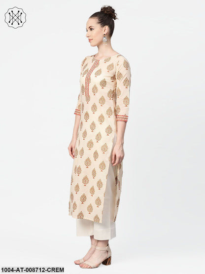 Cream Gold Printed Straight Kurta with Round neck & 3/4 sleeves