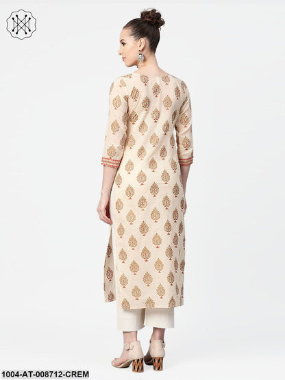 Cream Gold Printed Straight Kurta with Round neck & 3/4 sleeves