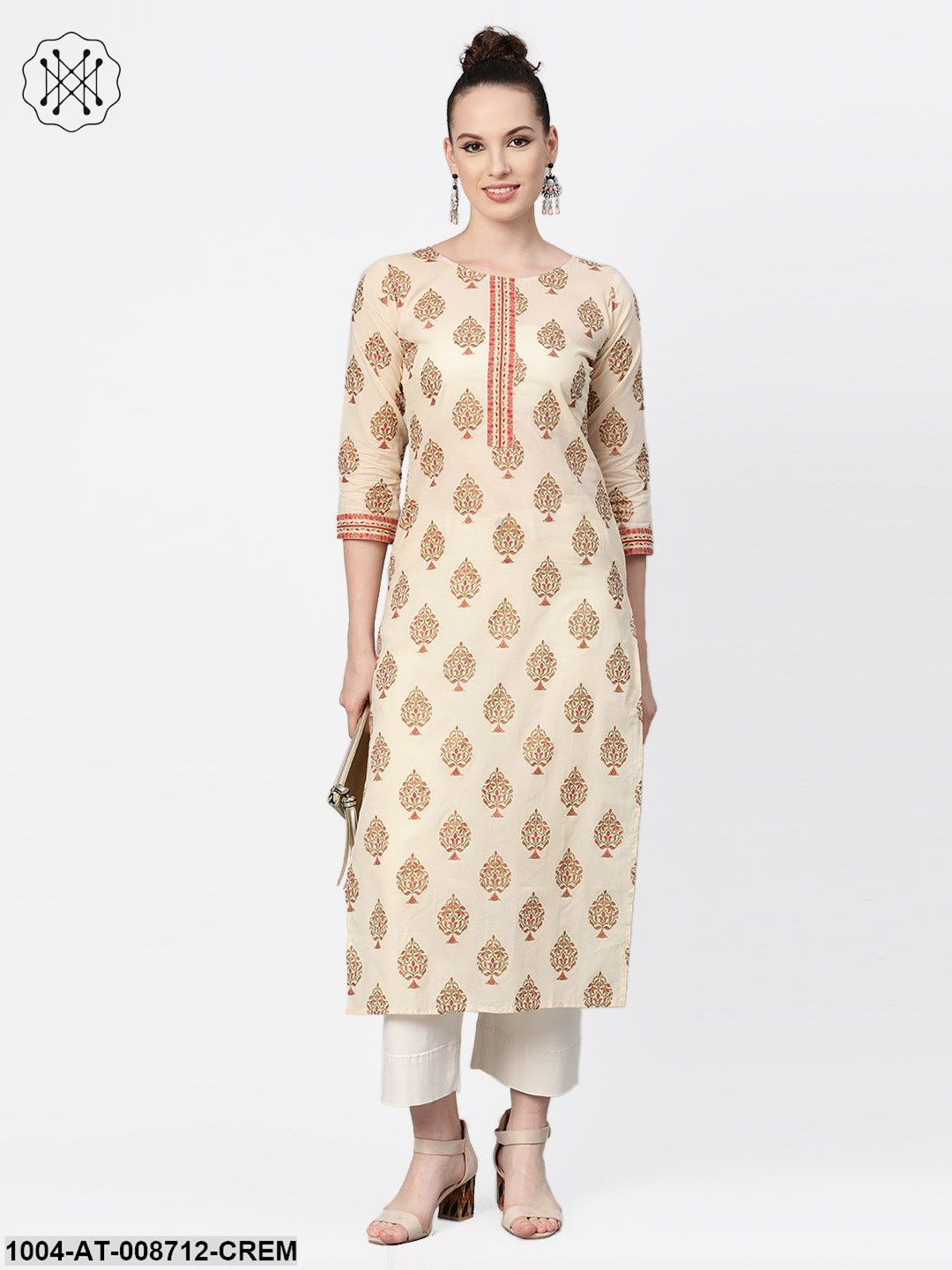 Cream Gold Printed Straight Kurta with Round neck & 3/4 sleeves