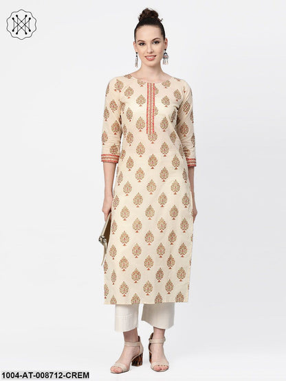 Cream Gold Printed Straight Kurta with Round neck & 3/4 sleeves