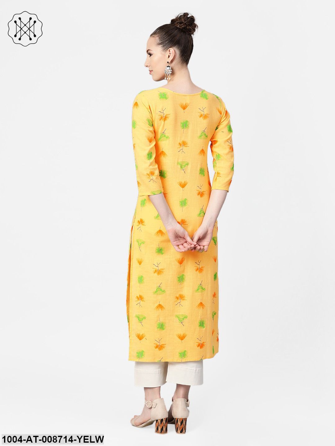 Yellow Multi coloured Printed Kurta with Round neck with V & 3/4 sleeves
