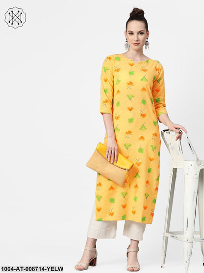 Yellow Multi coloured Printed Kurta with Round neck with V & 3/4 sleeves