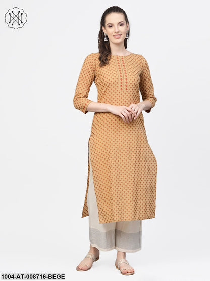 Beige Printed Straight Kurta with round neck with 3/4 sleeves