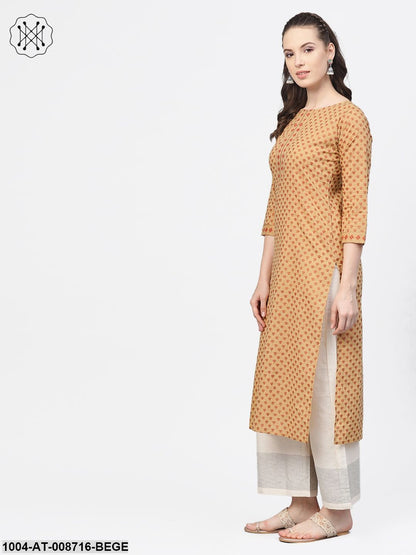 Beige Printed Straight Kurta with round neck with 3/4 sleeves
