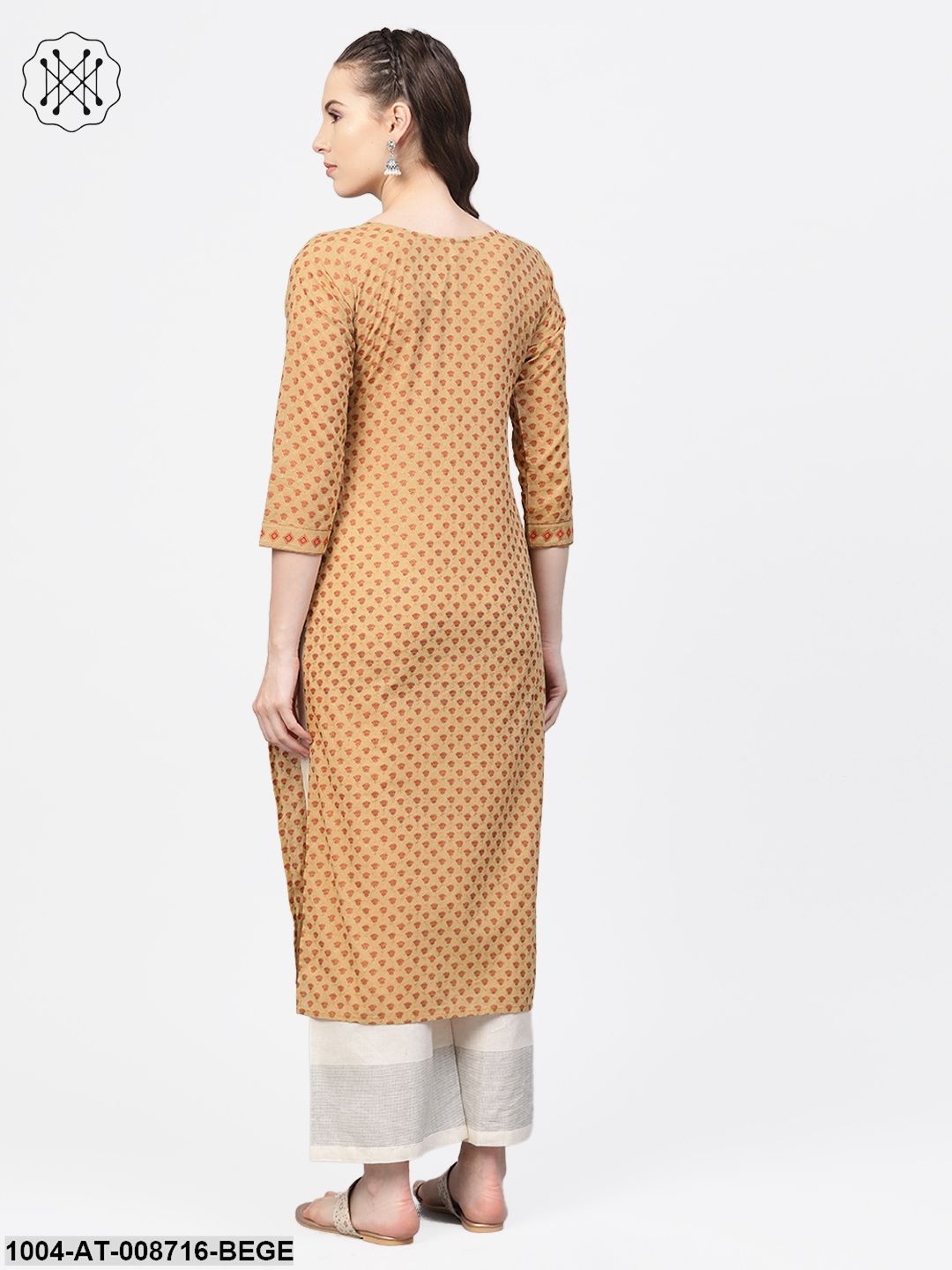 Beige Printed Straight Kurta with round neck with 3/4 sleeves