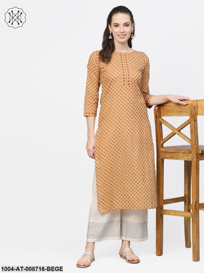 Beige Printed Straight Kurta with round neck with 3/4 sleeves