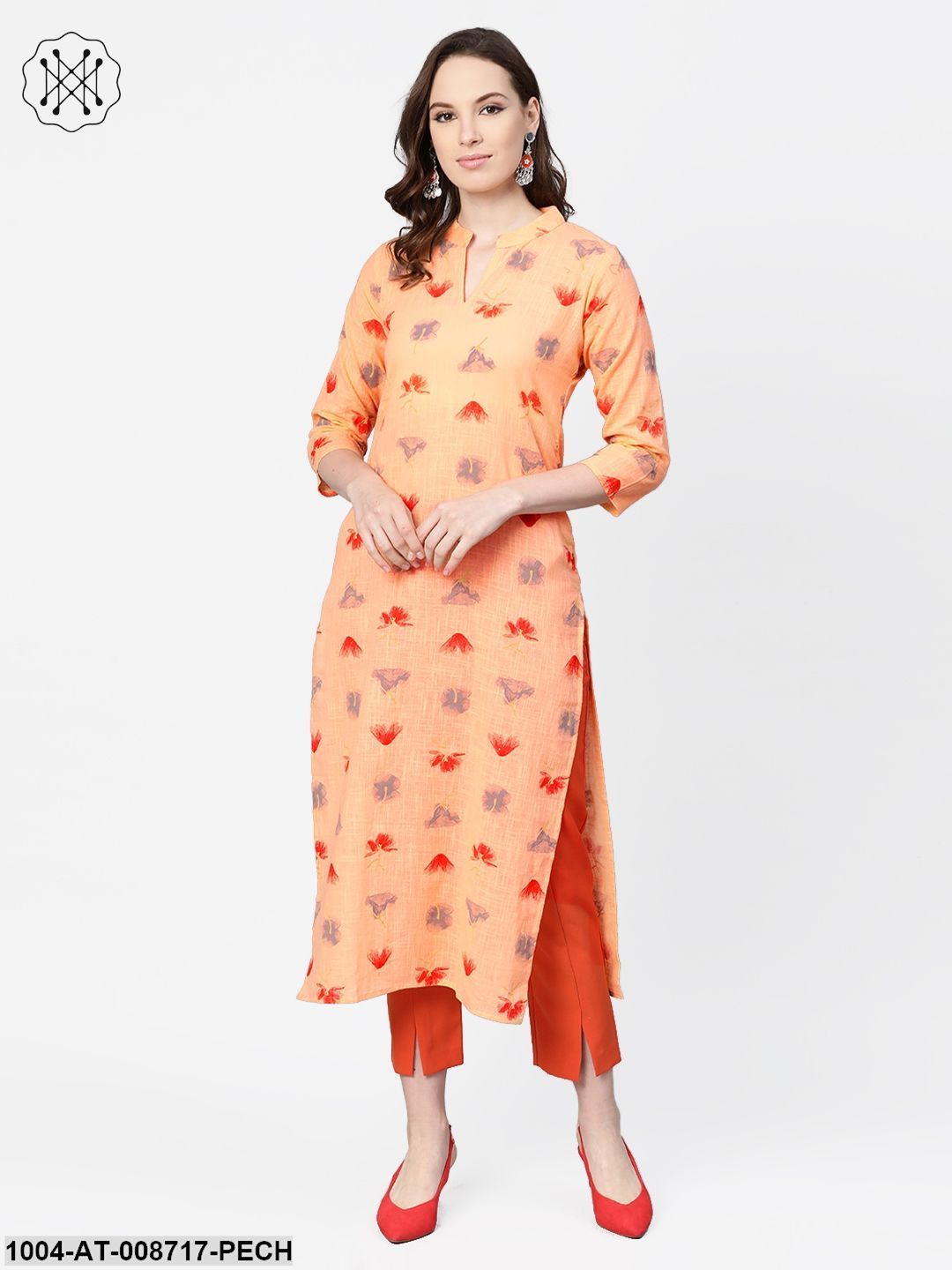 Peach Multi coloured printed Kurta with Mandarin collar with 3/4 sleeves