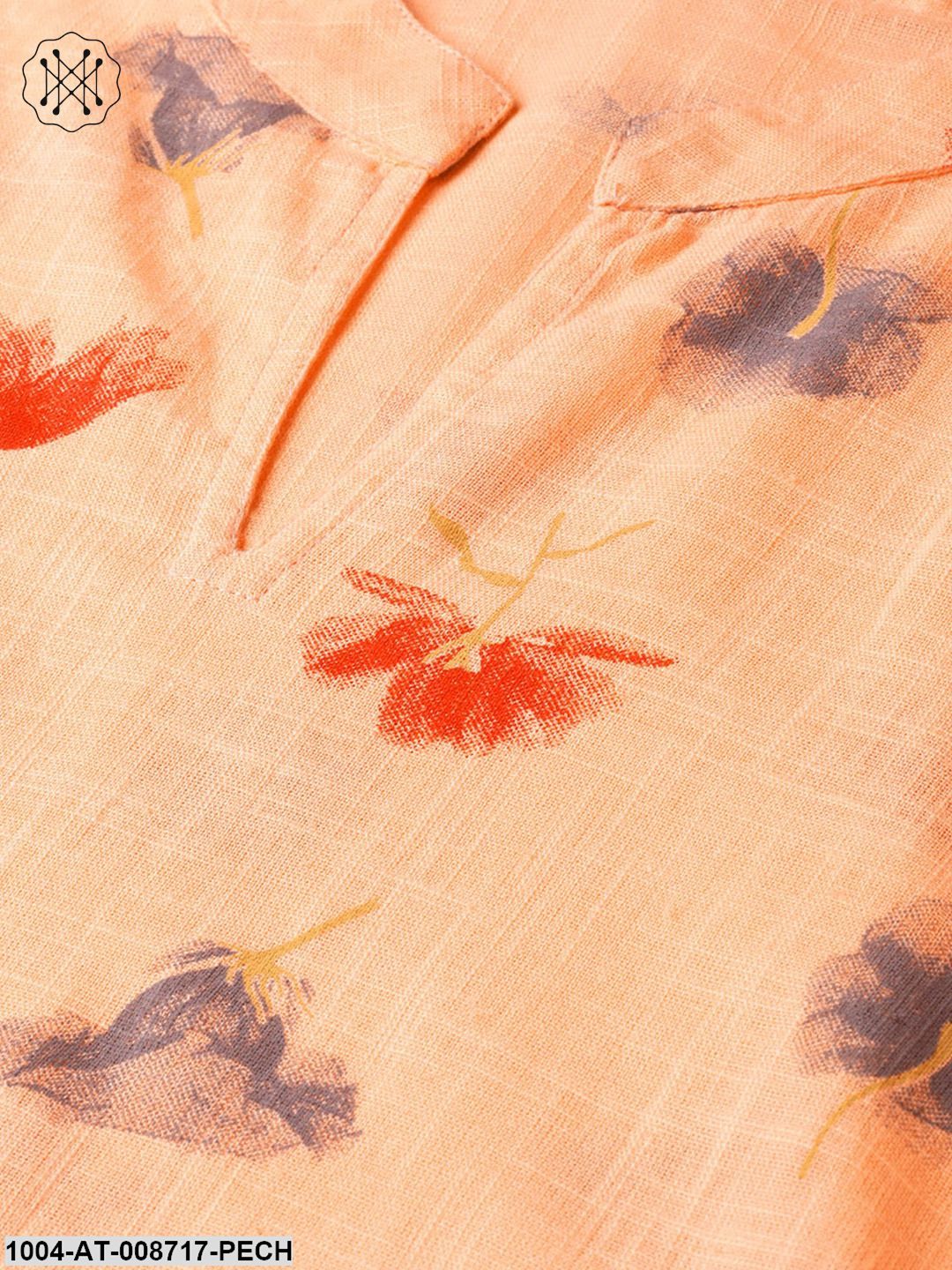 Peach Multi coloured printed Kurta with Mandarin collar with 3/4 sleeves