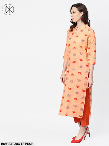 Peach Multi coloured printed Kurta with Mandarin collar with 3/4 sleeves