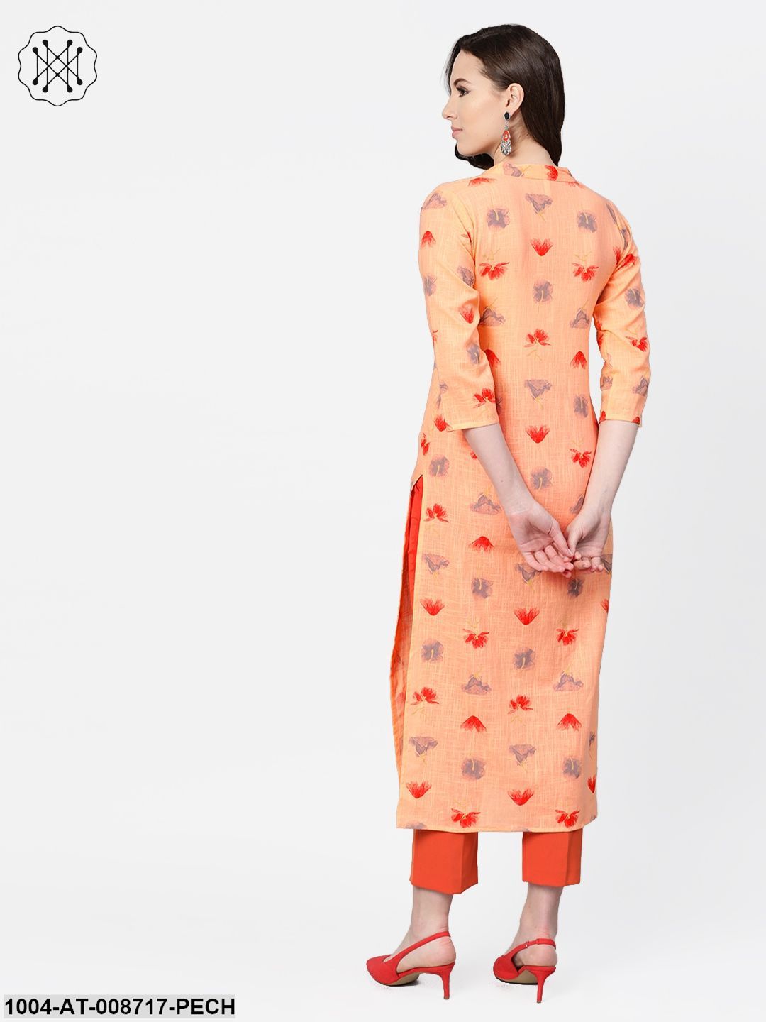 Peach Multi coloured printed Kurta with Mandarin collar with 3/4 sleeves