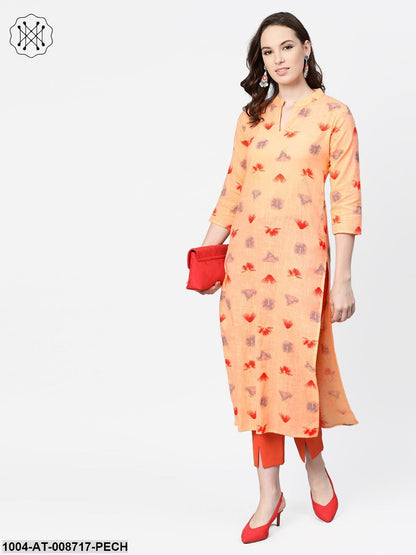 Peach Multi coloured printed Kurta with Mandarin collar with 3/4 sleeves