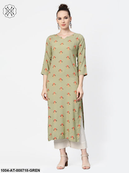 Olive green Multi Coloured Printed Kurta with Round Neck with V & 3/4 sleeves