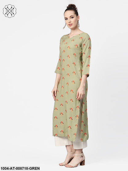 Olive green Multi Coloured Printed Kurta with Round Neck with V & 3/4 sleeves