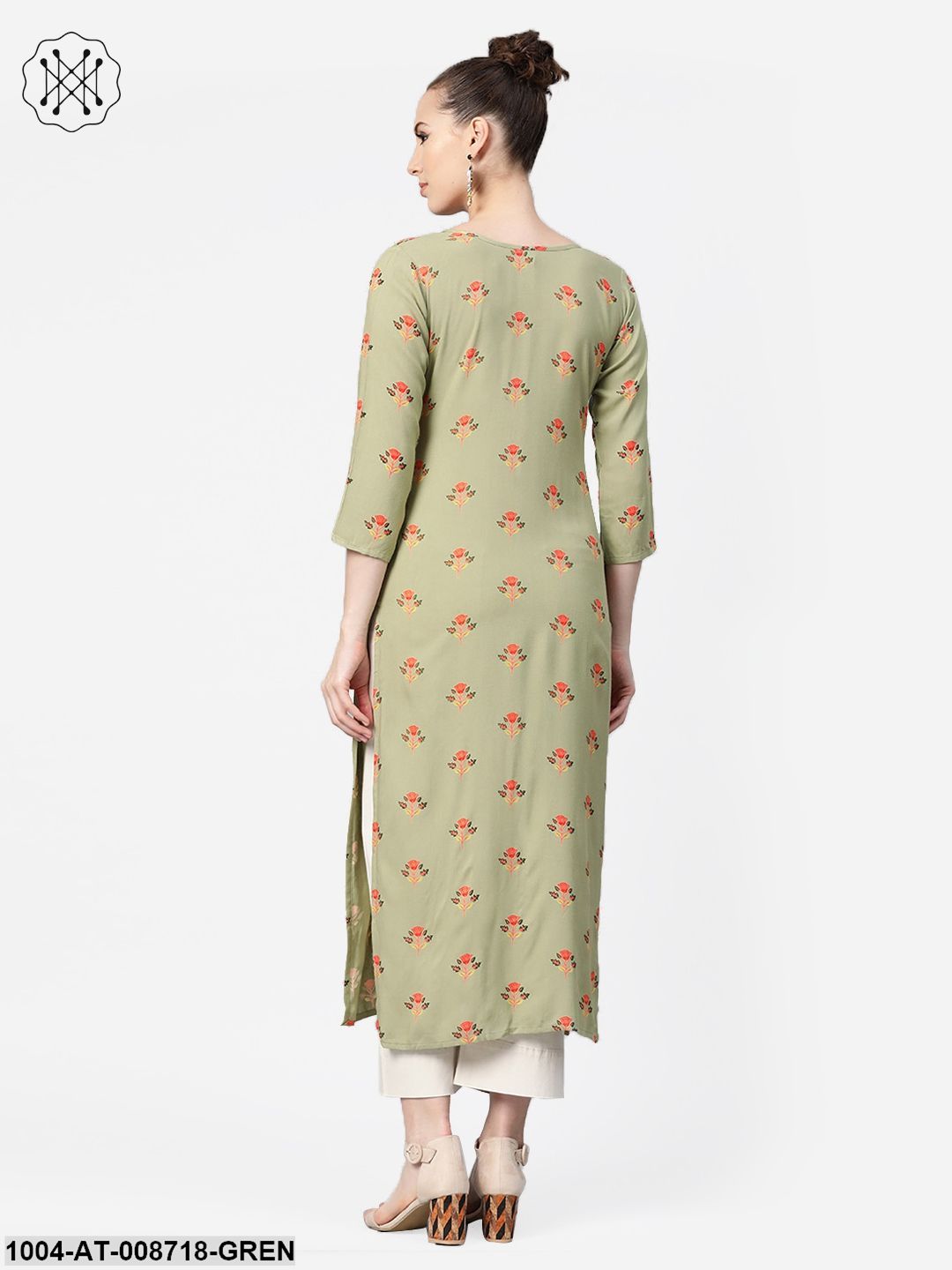 Olive green Multi Coloured Printed Kurta with Round Neck with V & 3/4 sleeves