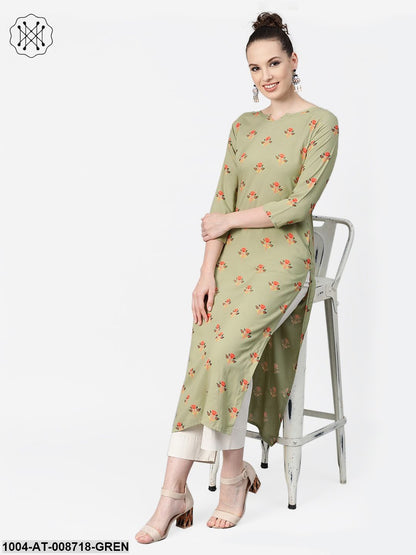 Olive green Multi Coloured Printed Kurta with Round Neck with V & 3/4 sleeves