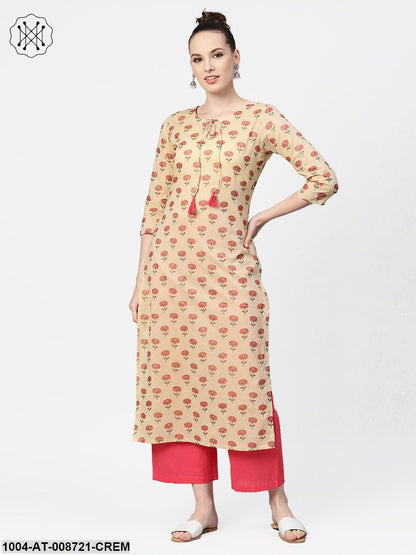 Cream with multi floral printed kurta with keyhole neckline