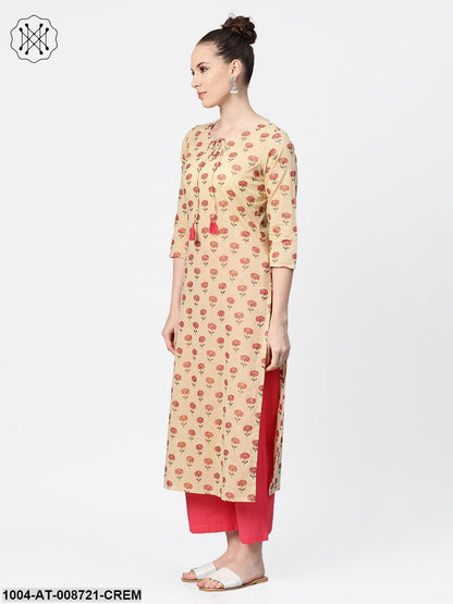 Cream with multi floral printed kurta with keyhole neckline