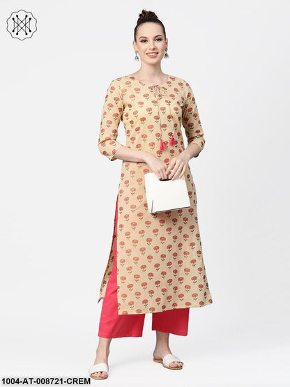 Cream with multi floral printed kurta with keyhole neckline