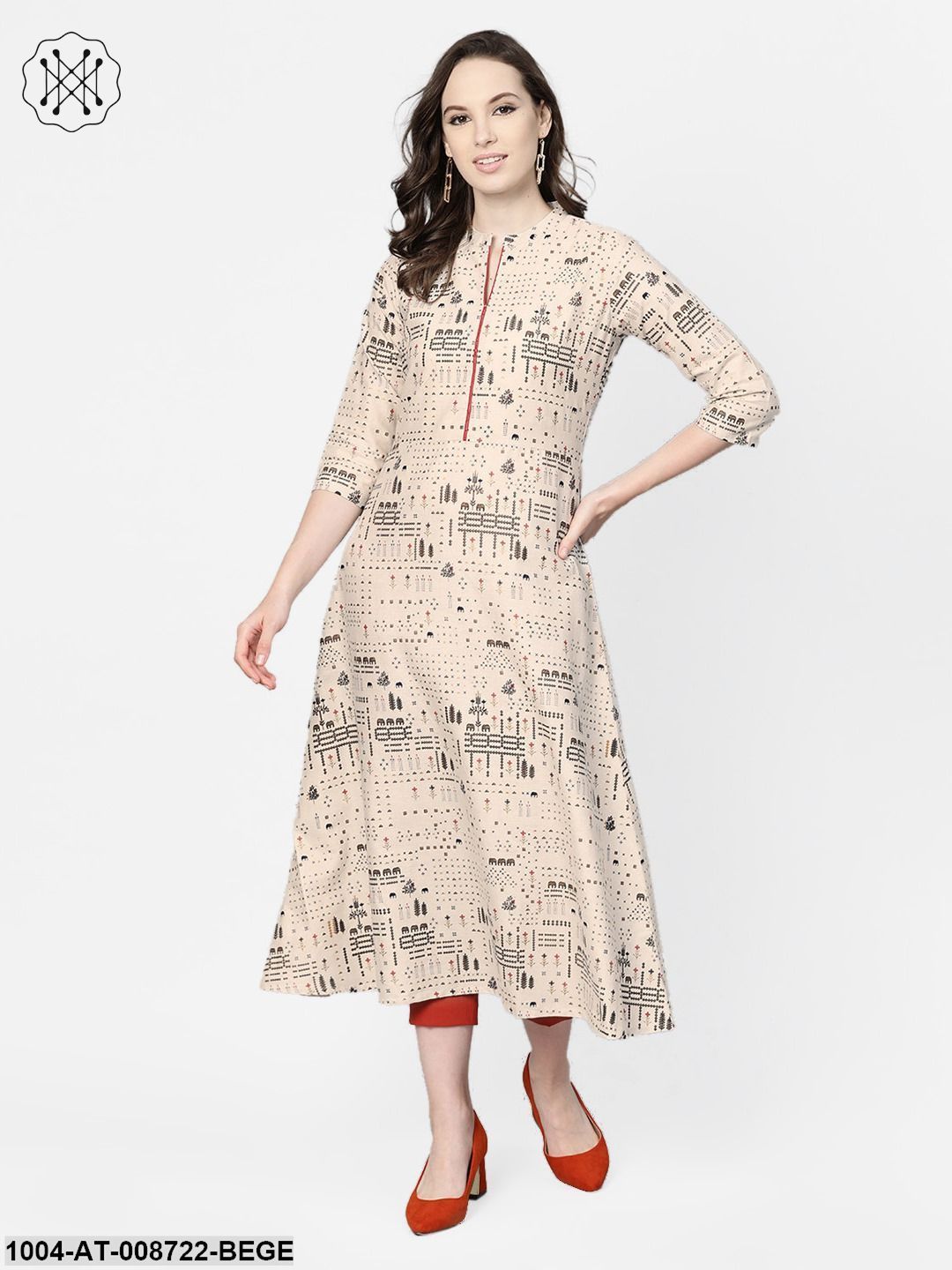 Beige and black printed A-line cotton Kurta