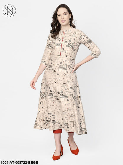 Beige and black printed A-line cotton Kurta