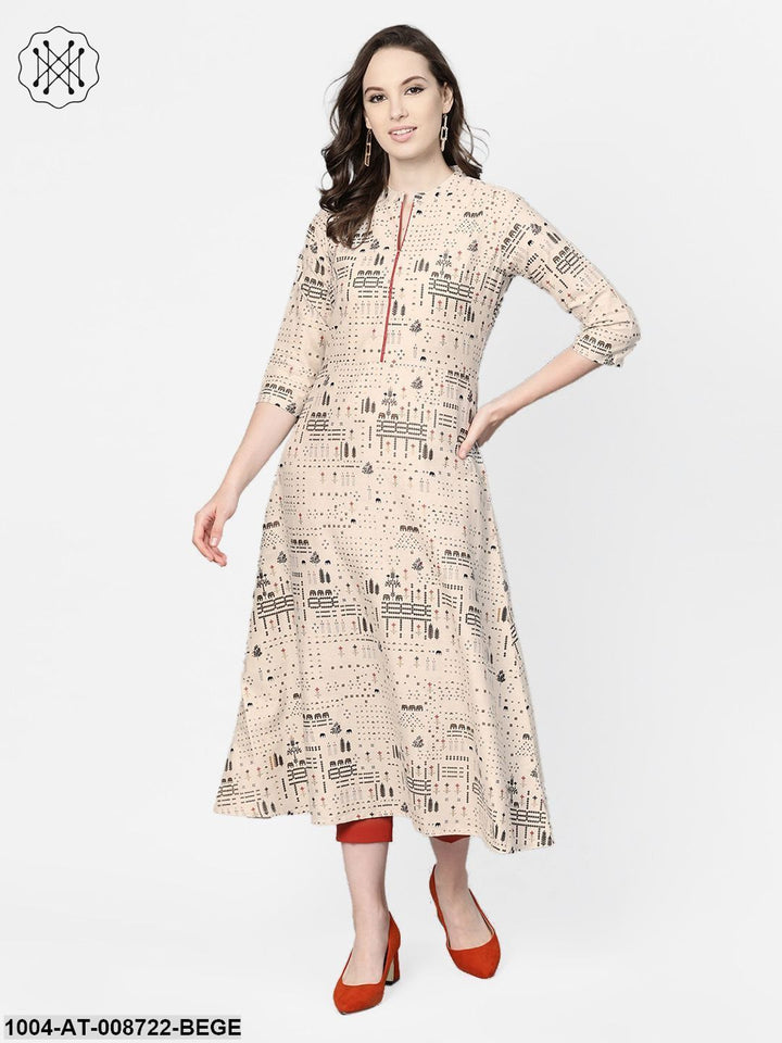 Beige and black printed A-line cotton Kurta