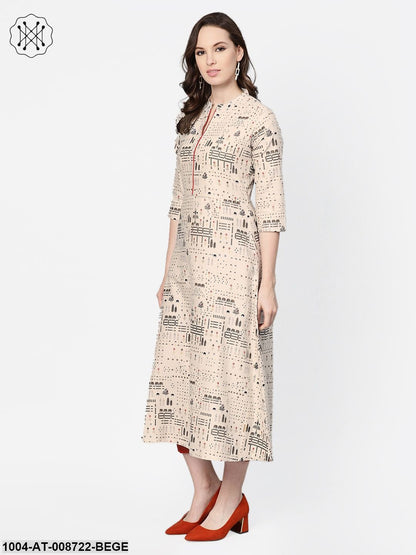 Beige and black printed A-line cotton Kurta