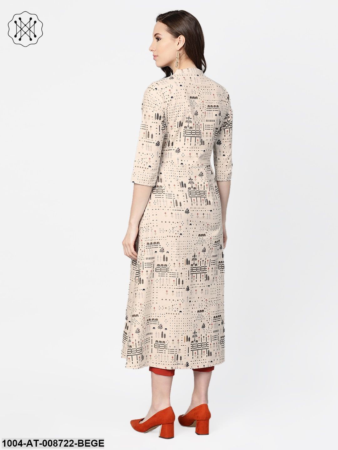 Beige and black printed A-line cotton Kurta