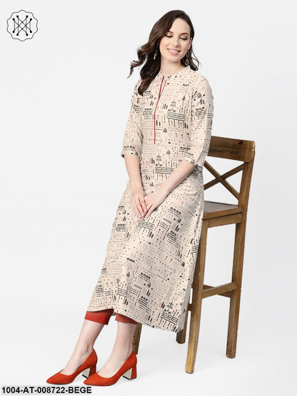 Beige and black printed A-line cotton Kurta