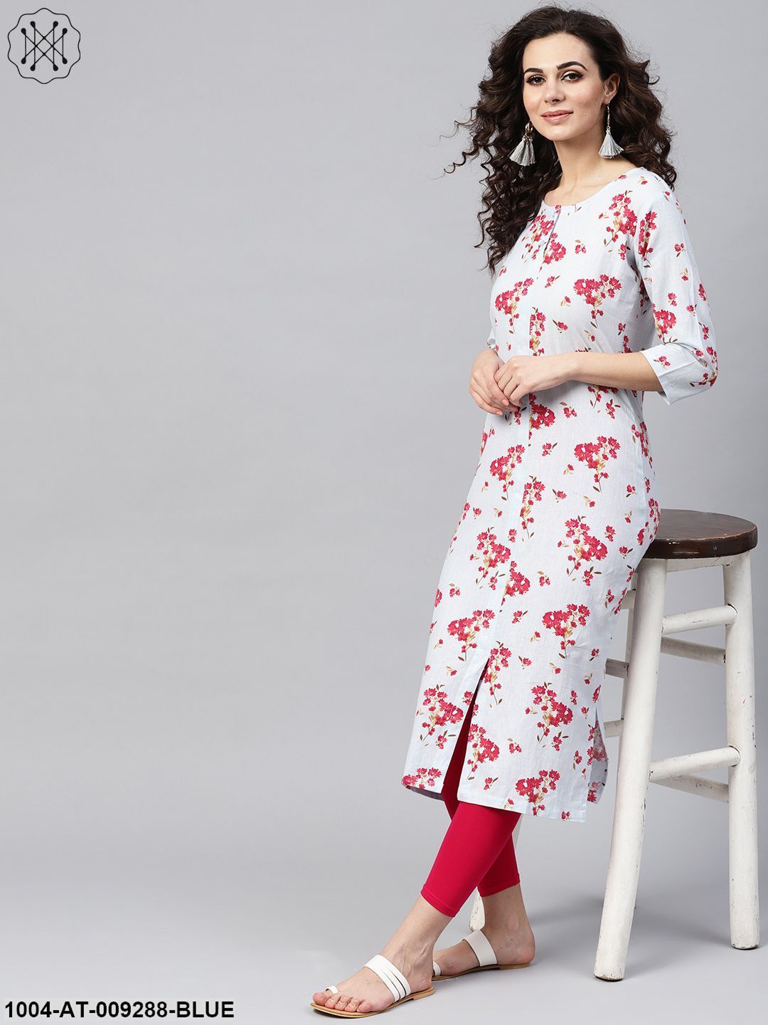Powder Blue Floral Printed Kurta With Front Placket & Multiple Slits