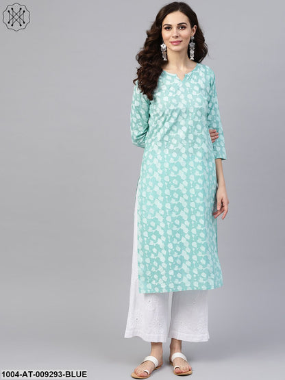 Blue Printed 3/4Th Sleeve Cotton Printed Straight Kurta