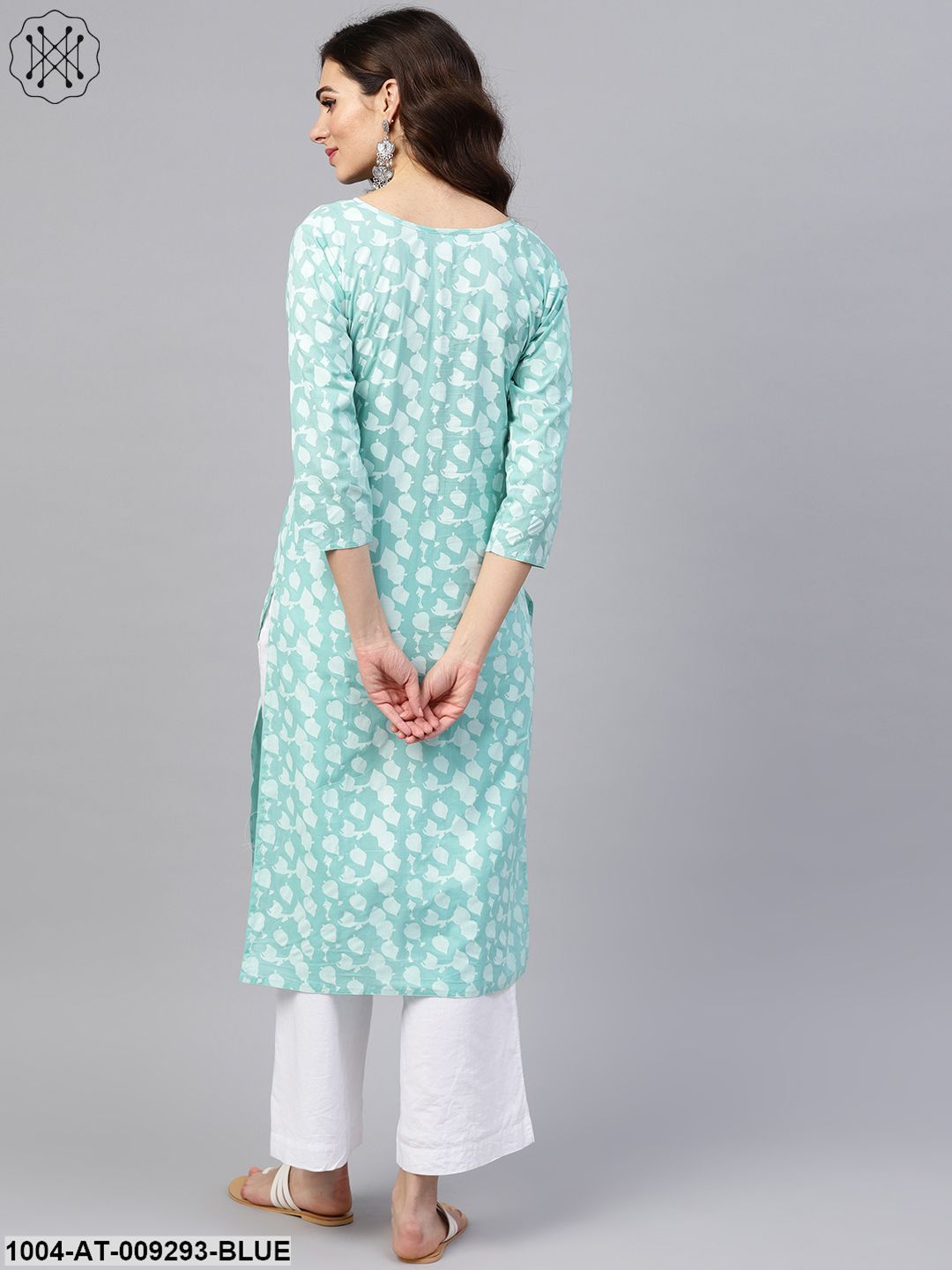 Blue Printed 3/4Th Sleeve Cotton Printed Straight Kurta