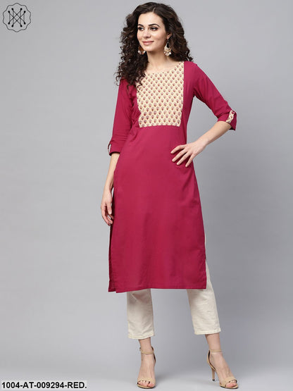 Red 3/4Th Sleeve Yoke Printed Cotton Straight Kurta