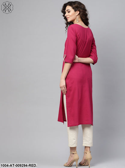 Red 3/4Th Sleeve Yoke Printed Cotton Straight Kurta