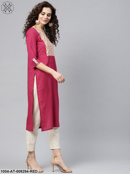 Red 3/4Th Sleeve Yoke Printed Cotton Straight Kurta
