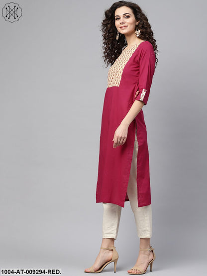 Red 3/4Th Sleeve Yoke Printed Cotton Straight Kurta