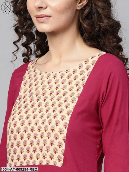 Red 3/4Th Sleeve Yoke Printed Cotton Straight Kurta