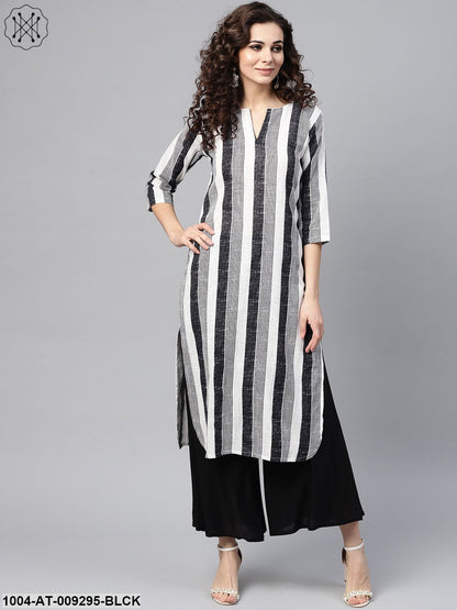 Black & White Striped Printed 3/4Th Sleeve Cotton Kurta