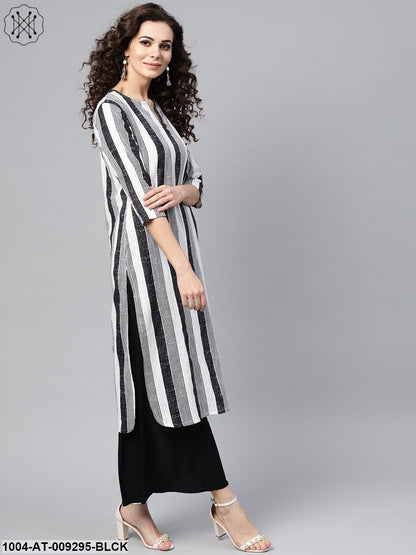 Black & White Striped Printed 3/4Th Sleeve Cotton Kurta