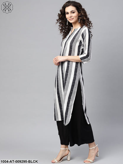 Black & White Striped Printed 3/4Th Sleeve Cotton Kurta