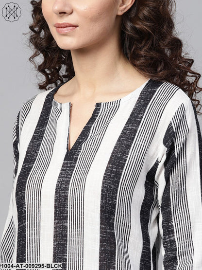 Black & White Striped Printed 3/4Th Sleeve Cotton Kurta